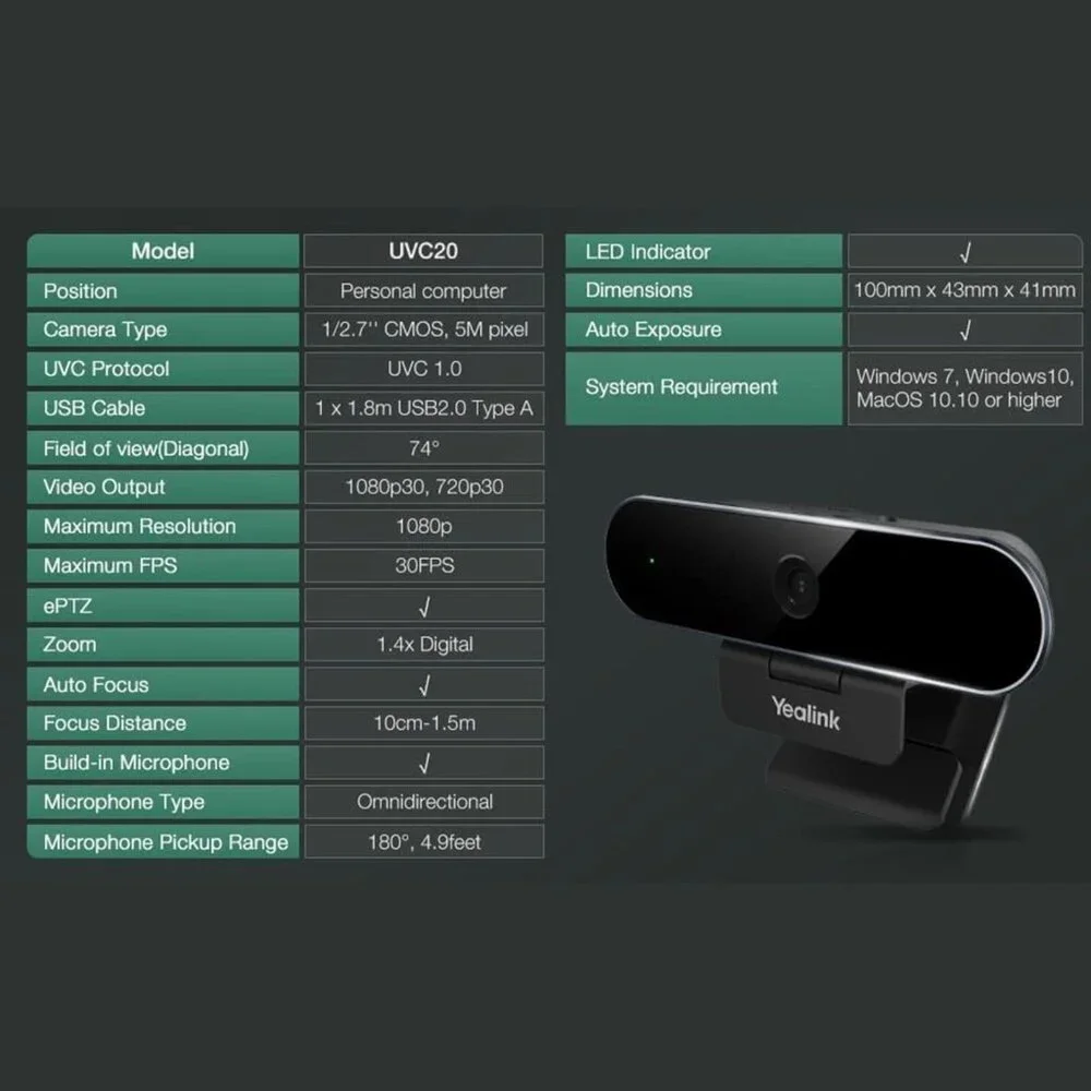 Yealink Video Conference Camera Webcam with Microphones and Speakers Black